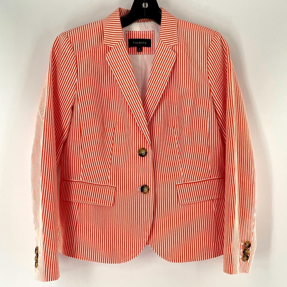 NEW Talbots Coral White Seersucker Blazer Tortoise Shell Buttons 100% Co…
